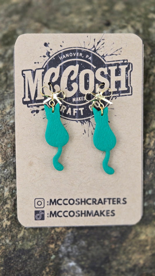 Teal Cat Earrings with Gold Bow