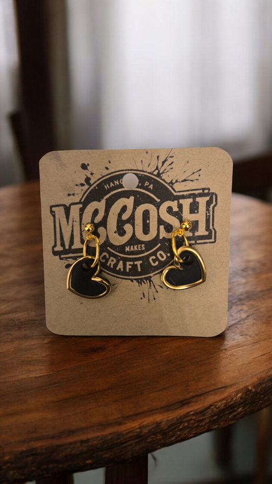 Small Black Heart Earrings with Gold Outline