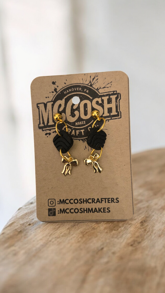 Medium Black Rectangle Earrings with Gold Bow