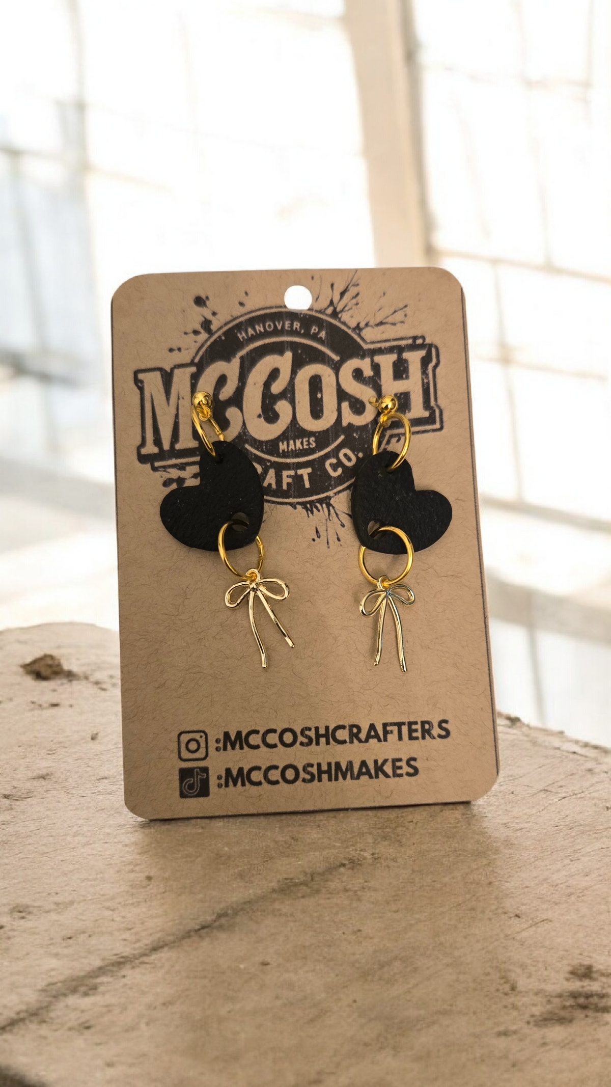 Small Black Heart Earrings with Gold Bow