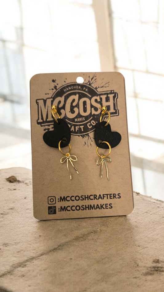 Small Black Heart Earrings with Gold Bow